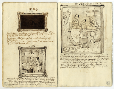 135552 Afbeelding van drie schilderijen met geschreven commentaar.